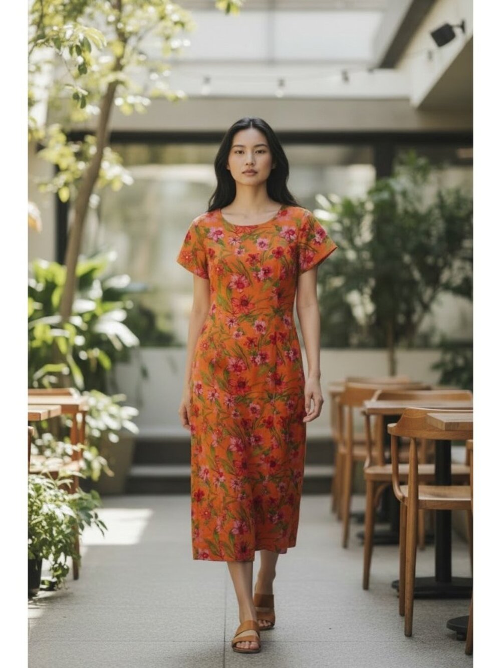 Chadwicks Linen Floral Midi Long Dress Women 10 Orange Coastal Resortwear Modest